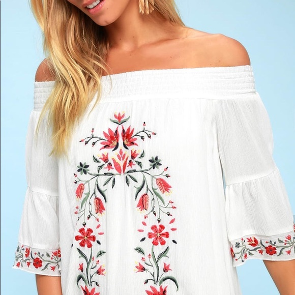 Black swam Taryn white embroidered off the shoulder shift dress SZ MD - Picture 3 of 8